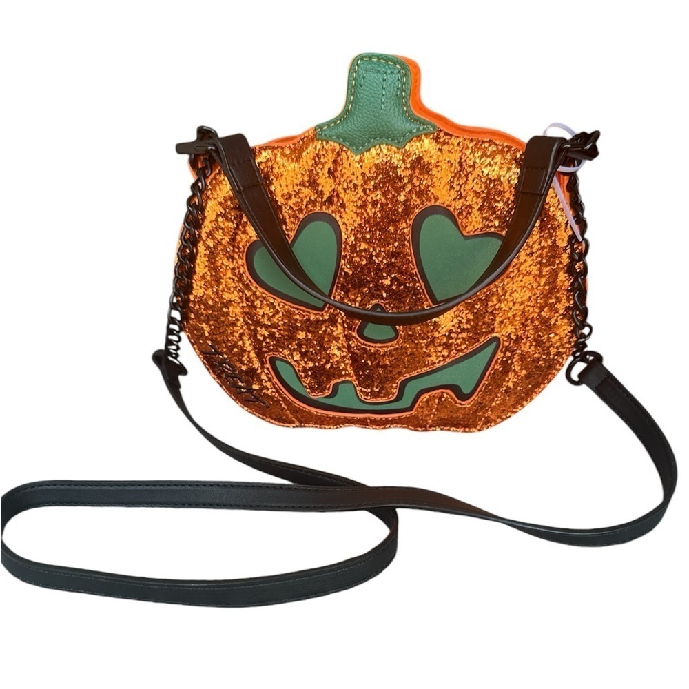 Betsey Johnson Glow in the Dark Glitter Trick or Treat Pumpkin Crossbody Purse - Picture 2 of 4
